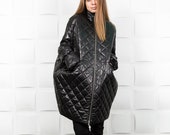 Black Bomber jacket women, Puffer jacket zipper, Maxi coat for women C0019