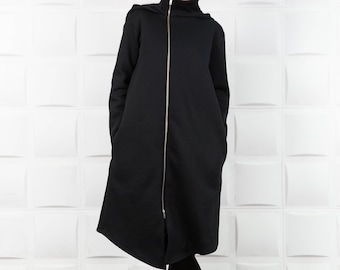 Hooded Coat, Asymmetrical Coat, Black Long Coat, Long Winter Coat, Plus Size Coat, Cotton Coat, Long Jacket, Streetwear Jacket, Loose Coat