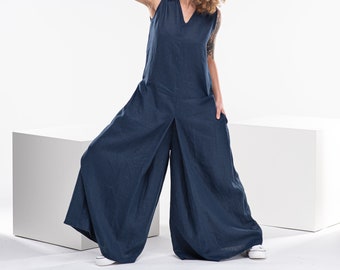Palazzo Linen Jumpsuit, Wide Leg Harem Jumpsuit, Linen Overalls