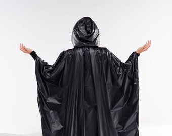 Oversized Hooded Raincoat, Boho Gothic Hoodie, Long Black