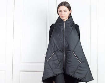 Asymmetrical Puffer Jacket, Winter Down Vest, Sleeveless Oversized Bomber Jacket, Avant Garde Clothing