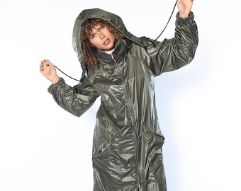 Long Hooded Cape Coat, Plus Size Rain Coat Women, Military Trench