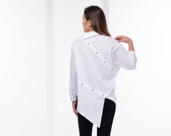 White Asymmetrical Shirt, Collared Cotton Shirt, Avant Garde Clothing, Long Sleeve Shirt