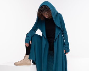 Long Knitted Cardigan, Wool Cape Cloak, Gothic Hoodie, Futuristic Clothing