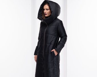 Black Puffer Jacket, Winter Cyberpunk Jacket, Long Hooded Coat Women, Gothic Clothing