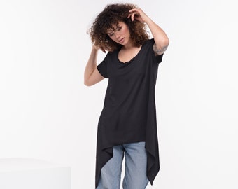 Black Cotton Top, Asymmetrical Shirt, Plus Suze Tunic, Futuristic Clothing