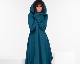 Mantello medievale con cappuccio, cardigan kimono aperto, mantello di lana verde, lungo mantello elfico, maxi cardigan, cappotto altalena lavorato a maglia, cappotto maglione lungo