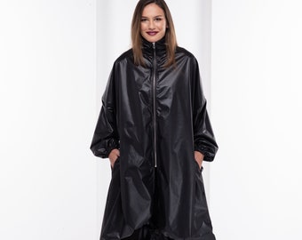 Impermeabile nero, giacca antipioggia gotica, giacche invernali da donna, giacca lunga asimmetrica