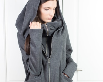 Oversized Hoodie,  Cyberpunk Hoodie, Asymmetrical Cotton Coat,  Cyberpunk Clothing for Women