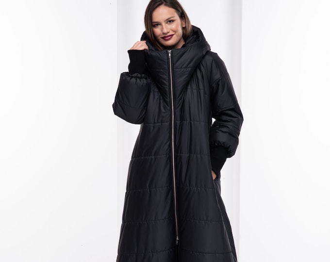Cyberpunk Puffer Jacket, Quilted Down Coat, Goth Hooded Coat, Long Plus Size Coat