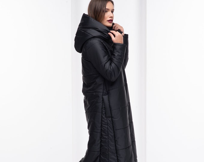 Quilted Puffer Jacket, Long Down Coat, Maxi Gothic Coat, Bomber Jacket Women, Hooded Black Coat