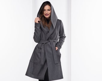 Manteau en laine grise femmes, manteau cape à capuche taille plus, trench-coat d’hiver
