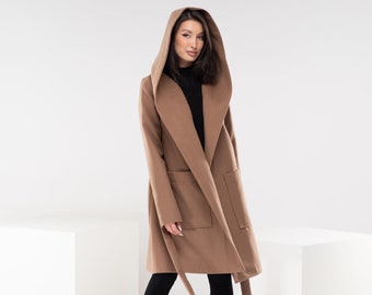 Hooded Wool Trench Coat,  Long Winter Coat with Belt, Camel Wrap Coat with Pockets, Adult Cape Coat, Autumn Goth Jacket