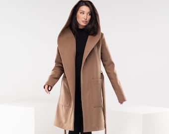 Hooded Camel Wool Coat, Long Winter Coat with Belt, Womens Trench Coat, Camel Wrap Coat with Pockets, Adult Cape Coat, Nice Oversized Coat