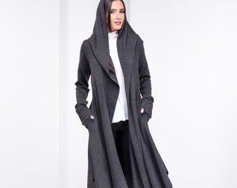 Long Hooded Cardigan, Wool Cape Coat, Gray Gothic Cape, Winter Viking Cloak, Cyberpunk Cosplay Cape, Wizard Winter Cloak