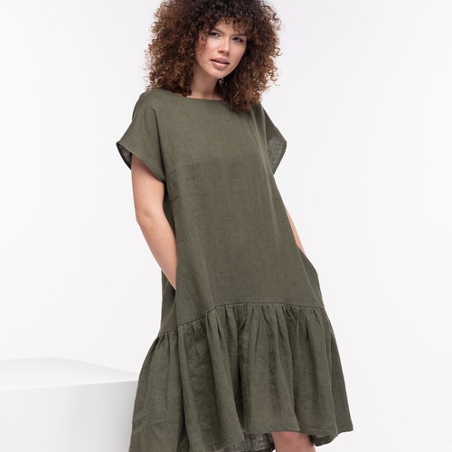 Linen Drop Waist Dress, Linen Green Dress, Plus Size Linen Dress, Boho Linen Dress, Linen Clothes for Women