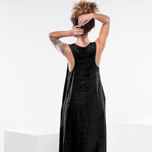 Linen Summer Dress, Black Linen Dress, Plus Size Linen Clothing, Linen Racer Back Dress, Sleeveless Dress