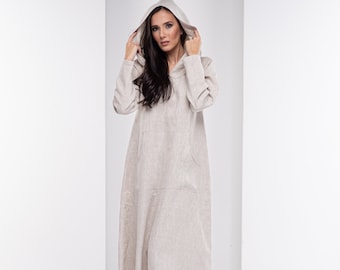 Abito maxi Boho in lino, abito con cappuccio in lino, abbigliamento da donna in lino taglie forti