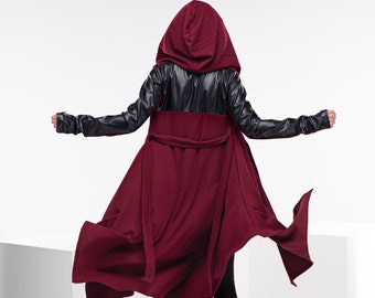 Hooded Medieval Cloak, Red Wizard Cloak, Wool Gothic Cape, Asymmetrical Cyberpunk Hoodie, Steampunk Witch Clothing