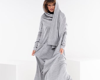 Cappotto lungo asimmetrico, cardigan in lana grigia, cappotto in maglione grunge, mantello per adulti taglie forti, mantello da strega invernale