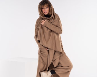 Wool Cape Coat, Long Winter Cloak, Womens Wool Jumper, Boho Wrap Hooded Cardigan