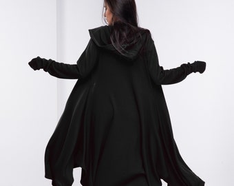 Long Witch Cloak, Knitted Fantasy Cloak, Wool Womens Cape, Boho Plus Size Hoodie, Goth Fall Clothing
