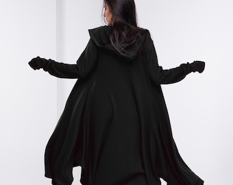 Lange heksenmantel, gebreide fantasiemantel, wollen damescape, Boho Plus Size Hoodie, Goth herfstkleding