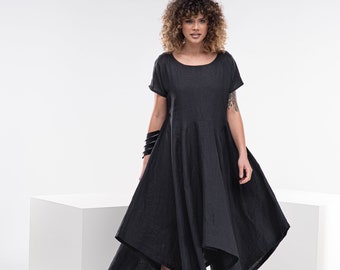 Plus Size Leinen Kleid, Leinen Maxi Kleid, Langer Leinen Kaftan, Schwarzes Gothic Kleid, Avantgarde Kleid, Gothic Kleidung in Übergröße