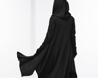 Black Long Sweater Coat, Wool Witch Cloak, Hooded Black Cape, Plus Size Womens Clothing