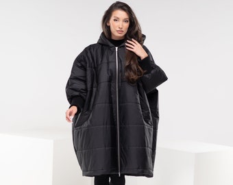 Oversized Winter Puffer Jacket, Maxi Futuristic Jacket, Cyberpunk Quilted Jacket, Hooded Waterproof Jacket, Gothic Wardrobe, Plus Size Goth