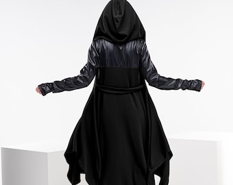 Black Leather Cape, Asymmetrical Wizard Cloak, Gothic Wardrobe, Long Wool Cape Coat, Cyberpunk Sweater Coat, Black Trench Coat Women,