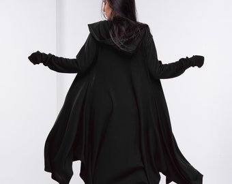 Black Witch Cloak, Wool Fantasy Cape, Cyberpunk Cloak with Hood, Long Wizard Cardigan, Plus Size Witch Clothing, Hooded Wool Cloak /RTS