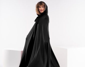 Black Hooded Cloak, Long Wool Cape Coat, Knitted Gothic Cape, Japanese Clothing, Winter Knit Poncho