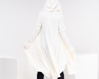 Wool Cloak with Hood, White Plus Size Cape, Hooded Winter Cardigan, Long Elven Cloak, Futuristic Clothing, Fantasy Cloak