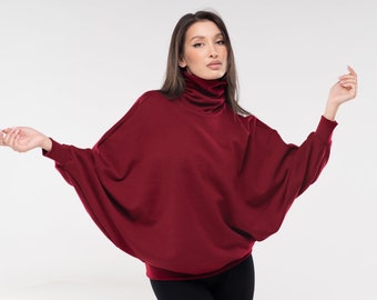 Plus Size Crop Sweater Top, Warm Winter Turtle Neck Blouse, Batwing Fall Blouse, Loose Fit Knit Tunic, Knitted High Neck Top, Slow Fashion