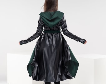 Hooded Wool Leather Cloak, Green Long Sweater Coat, Leather Cape with Hood, Gothic Winter Cardigan, Avant Garde Clothing, Maxi Knit Cape