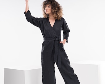 Combinaison en lin noir, Linen Romper Women, Kimono Boho Jumpsuit, Linen Overalls, Loose Linen Jumpsuit