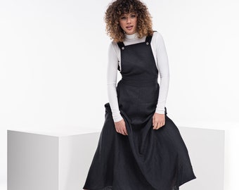 Linen Pinafore Dress Women, Linen Summer Maxi Dress, Long Linen Apron Dress, Black Maxi Skirt Dress