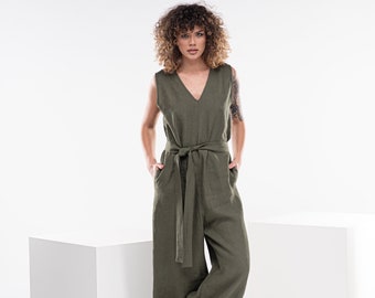 Linen Green Jumpsuit, Womens Palazzo Jumpsuit, Summer Boho Jumpsuit, Plus Size Linen Overalls