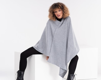 Asymmetrical Wool Poncho, Knit Cape Coat, Plus Size Winter Clothing