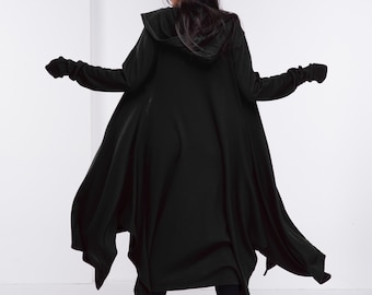 Black Wizard Cloak, Wool Cloak with Hood, Medieval Winter Cloak, Cyberpunk Cosplay Clothing, Long Adult Cape, Long Hooded Cardigan