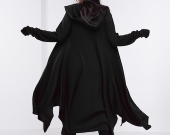 Black Wizard Cloak, Wool Cloak with Hood, Medieval Winter Cloak, Cyberpunk Cosplay Clothing, Long Adult Cape, Long Hooded Cardigan/RTS