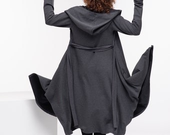 Cyberpunk Gothic Hoodie, Long Cape Coat Women, Cotton Asymmetrical Coat