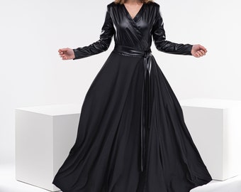 Robe gothique noire, Robe portefeuille pour femme, Maxi robe avant-gardiste, Robe longue en cuir, Vêtements gothiques grande taille