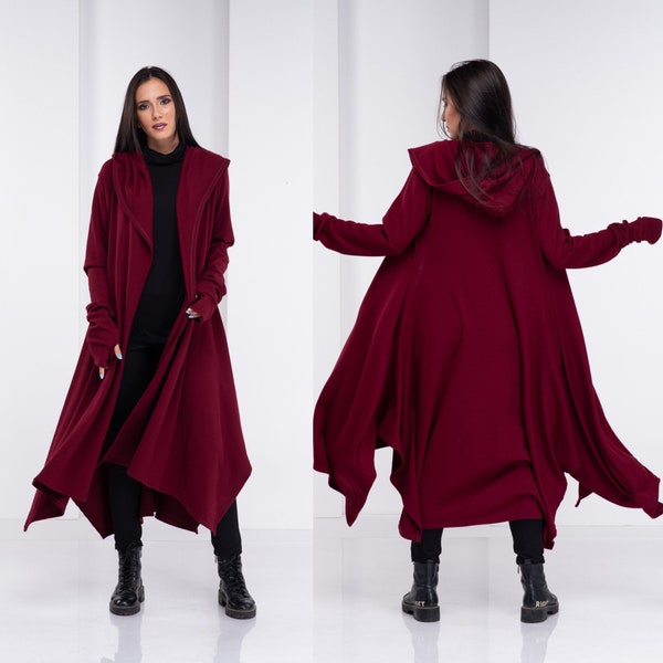 Cloak with Hood, Kimono Knit Cardigan, Wool Cape, Oversized Open Cardigan, Burgundy Medieval Cloak, Long Hooded Cardigan / RTS