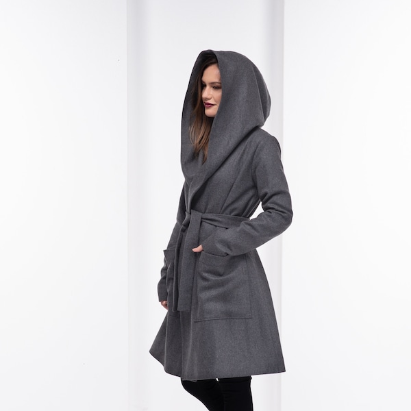 Manteau de laine à capuchon, manteau de cape d’hiver, trench-coat femmes, vêtements futuristes, veste goth d’automne