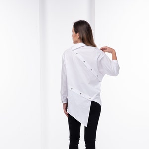 White Asymmetrical Shirt, Collared Cotton Shirt, Avant Garde Clothing, Long Sleeve Shirt