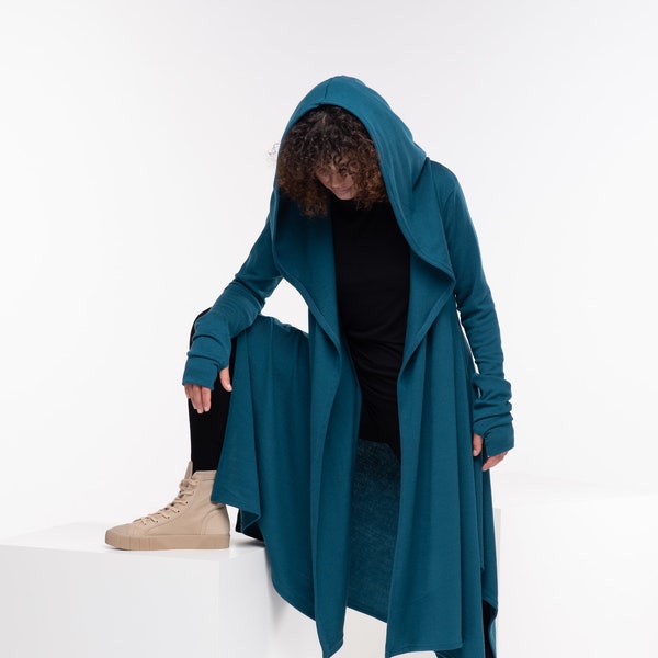 Cardigan long en tricot, cape en laine, sweat à capuche gothique, vêtements futuristes