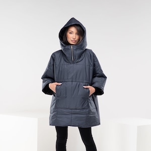 Hooded Cyberpunk Jacket, Puffer Sweatshirt, Quilted Goth Jacket, Oversized Winter Poncho, Gothic Wardrobe, Futuristic Grunge Clothing