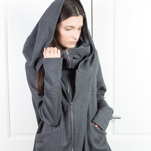 Oversized hoodie, cyberpunk hoodie, asymmetrische katoenen jas, cyberpunk kleding voor dames